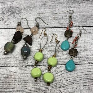 Bundle lot 3 boho style long dangle drop earrings, ceramic, stone, dressy casual